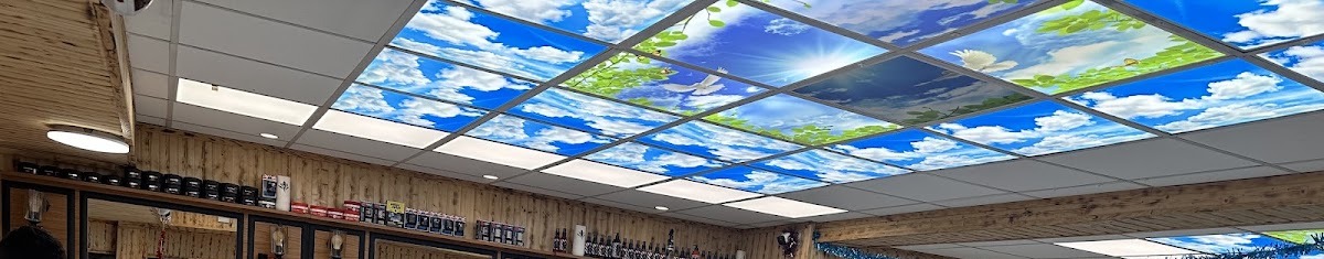 The printed sky ceiling and wood panelling inside Ziko's Barber Shop